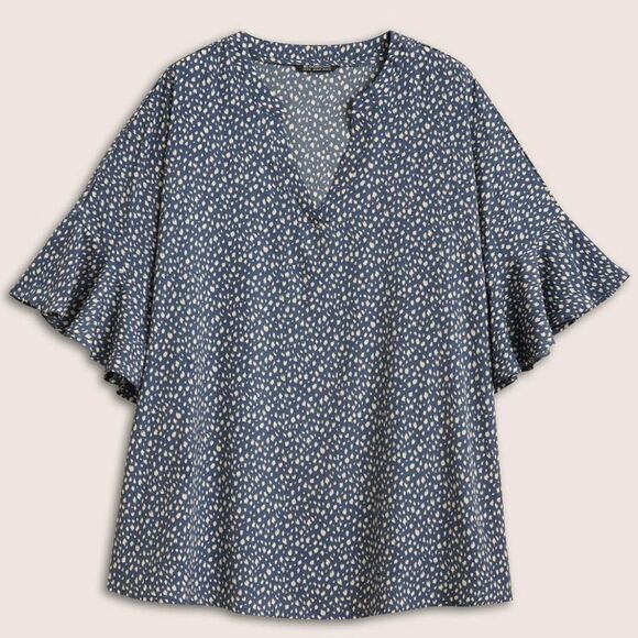 BLOOM CHIC LEOPARD PRINT VNECK RUFFLE SLEEVE BOUSE BLUE AND WHITE SIZE  18-20 - Picture 12 of 13